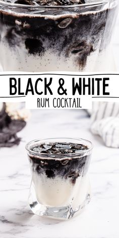 Top photo is a close up of the drink where you can see the texture of the black cocoa layer on top and the white cream layer below. Under that is text reading "Black & White rum cocktail", and at the bottom is another photo showing the full Black & White Rum cocktail in an old fashioned cocktail glass. Black And Gold Drinks, White And Black Cocktail, Black Liquor Drinks, Black And White Drinks Cocktails, Cow Themed Cocktails, Black And White Appetizers, Black Rum Cocktails, Black Mixed Drinks, Oreo Cocktail