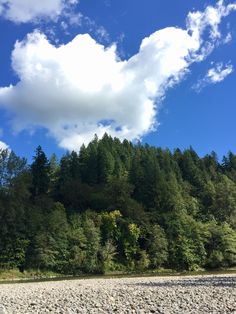 there is a small boat on the water near some trees and clouds in the sky