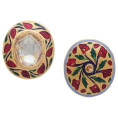 A pair of beautiful Flat diamond earring with enamel all around and at the back. The intricate enamel work called "meenakari" in Hindi in all done by hand by our skilled artisans. The work around the diamond is inspired by the creepers that grow on the wall and the back is also floral motif along the same lines. The Flat Diamonds are called "Polki" and are set in the piece with "Kundan" which is pure gold. This technique of setting gems with pure gold can be seen in work from centuries ago too. Diamond Earring, Art Deco Diamond, Pure Gold, Creepers, Indian Art, Stud Earring, Diamond Earrings Studs, Diamond Studs, Floral Motif