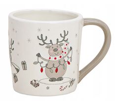 a white coffee mug with a reindeer on it