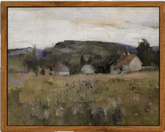 an oil painting of houses in a field