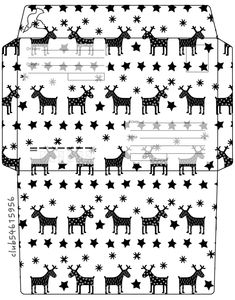 an envelope with black stars and reindeers on white paper, which is cut out to make