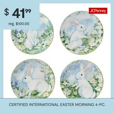 four plates with white rabbits on them and the price is $ 4 99 reg $ 10 00