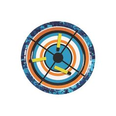 an image of a dart hitting in the bulls eye on a white background with blue, orange and yellow stripes