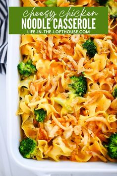 a casserole dish with noodles, broccoli and cheese