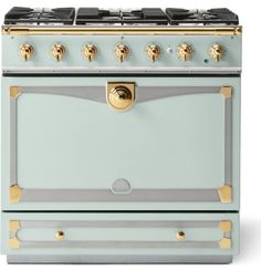 a blue and gold stove top oven on a white background