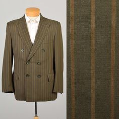 This jacket is a linen blend textile. The mustard colored fine triple pinstripe pattern compliments the darker green color background tone. This blazer is partially lined in green satin. It features 3 jetted pockets, 2 with flaps, 6 buttons for the double breasted closure and a large sing vent in the back. Condition: Excellent Condition Details: No notable flaws  Size Marked: Unmarked Approximate Size: Large **Please Check Measurements to be Sure! Textile: Unmarked, linen blend feel Lining Type: Vintage Double-breasted Business Blazer, Vintage Fitted Double-breasted Suits, Vintage Double-breasted Suits For Tailoring, Green Color Background, Luxury Vintage Double-breasted Blazer, Vintage Green Double-breasted Outerwear, Mens Sport Coat, Double Breasted Jacket, Green Satin