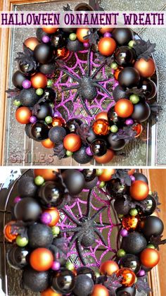 halloween wreath with spider web and pumpkins on the outside, and an overhead view of it