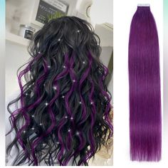 Purple 10pcs 20 Inch Human Hair Extensions Tape In, Real Straight Tape Ins Seamless Skin Remy Tape In Hair Extensions Human Hair(Purple#, 20 Inch) Straight Tape Ins, Purple Hair Extensions, Raquel Welch Wigs, Tape Ins, Blonde Ponytail, Messy Curls, Halo Hair Extensions, Hair Extentions, European Hair