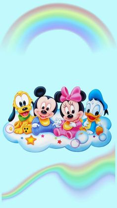 three cartoon characters are sitting on top of a cloud with a rainbow in the background