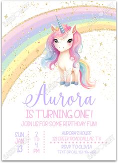 an unicorn birthday party with the name aurora is turning one on it's face