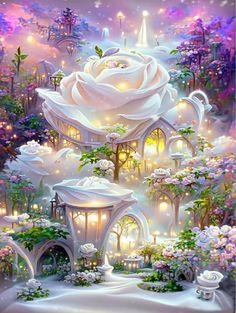 a painting of a white rose surrounded by lots of flowers and lights in the sky