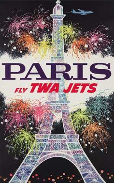 an advertisement for paris fly twa jets with the eiffel tower in the background