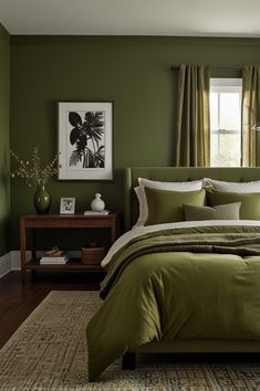 a bedroom with green walls and bedding in the center, along with a rug on the floor