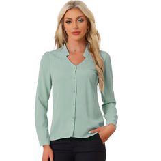 This shirt is elegant and charming for workwear or a day-to-night look, with a cut-out v-neck and unique shoulder details. No-see-through chiffon fabric and stylish v-neck make it a perfect choice for work, office, and daily wear. Pair this work office shirt with a pencil skirt, work pants, or casual jeans. The return of a classic, this button-up shirt is cut from in a chiffon sateen in an always flattering fit-and-flare silhouette. Model Body Size: Height: 5'9", Chest: 33 inches, Waist: 24 inch Trendy Button-up Blouse For Office, Casual V-neck Business Tops, Casual V-neck Tops For Business, Trendy Workwear Blouse With Back Button Closure, Professional Button-up Tops For Office Wear, Casual Solid Color Blouse For Business, Casual Business Blouse, Button-up Tops For Business Casual, Business Casual Button-up Tops For Office