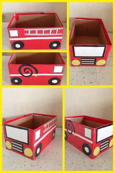 four pictures of a red firetruck made out of cardboard and cut into smaller boxes