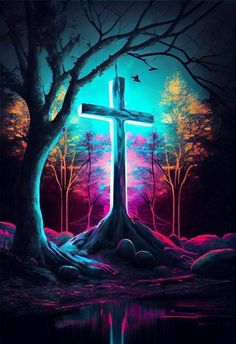 a painting of a cross in the middle of a forest with trees and water at night