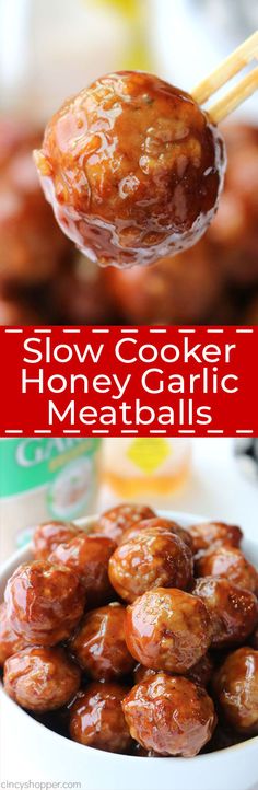 slow cooker honey garlic meatballs in a white bowl with chopsticks sticking out