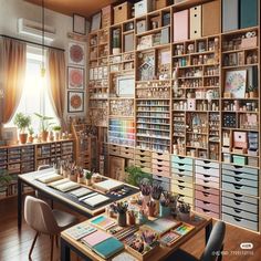 a room filled with lots of drawers and desks next to a large book shelf