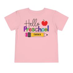 Get ready for the first day of preschool pictures with these adorable personalized school tshirts. These super buttery soft tshirts are 100% Airlume combed and ring-spun cotton jersey with a tear-away label for extra comfort. Choose from white, athletic grey or pink. For personalization: In box please write child's name and Pre-K or Preschool. Kindergarten through 5th grade Tshirts also available in Child's sizes S, M, L, XL. .: 100% Airlume combed and ringspun cotton (fiber content may vary for Pink T-shirt With Name Print For School, Pink T-shirt For End Of School Year, Personalized Short Sleeve T-shirt For Back To School, Pink T-shirt For Back To School, Cotton T-shirt For Daycare And Back To School, Cute T-shirt With Name Print For Teacher Appreciation, Cotton T-shirt With Name Print For Daycare, Pink Short Sleeve T-shirt For School Events, Personalized T-shirt For End Of School Year