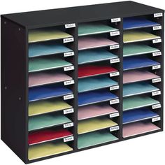 a black filing cabinet filled with lots of folders