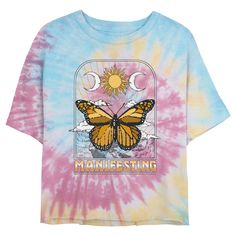 If you're looking for the hottest new trends, you're in the right place! Take your everyday style to the next level with this lovely new Juniors' Manifesting Butterfly T-shirt from Lost Gods! This tee features a monarch butterfly with a sun, moons, and the word: "Manifesting," across the front. Make everything from workouts to running errands, or even just lounging around the house a little extra chic! There’s no end to the awesomeness you’ll find when you shop apparel by Lost Gods Collective. Trendy Pink T-shirt With Front Print, Multicolor Tops With Front Print For Summer, Summer Multicolor T-shirt With Front Print, Multicolor Front Print T-shirt For Summer, Spring Multicolor Slogan T-shirt, Trendy Tie Dye T-shirt For Spring, Trendy Tie-dye T-shirt For Spring, T Shirt Pokemon, Butterfly T Shirt