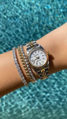 Layering Bracelets And Watch, Rolex Women Aesthetic, Small Rolex Watch Women, Woman Watches Luxury, Woman Rolex Watch, Watches Women Aesthetic, Watch Stack, Rolex Prices