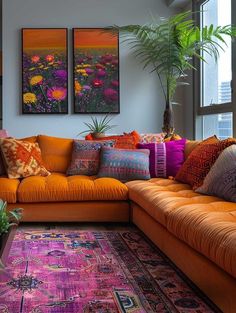 a living room filled with lots of colorful furniture