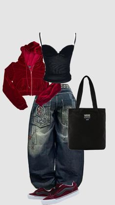 a pair of jeans and a red jacket are featured in this fashion advertment