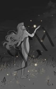 a woman standing in the grass with her hand out and glowing stars above her head