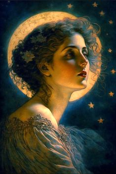 a painting of a woman with stars on her head and the moon above her head