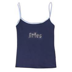 Y2K Style tank top with sparkling "Aries" text in rhinestones Size:• S: Bust: 66-84cm/ 26.0-33.1 in, Length: 34.5cm/ 13.6 in• M: Bust: 70-88cm/ 27.6-34.6 in, Length: 35.5cm/ 14.0 in• L: Bust: 74-92cm/ 29.1-36.2 in, Length: 36.5cm/ 14.4 inMaterial: Polyester Summer Y2k Tops With Rhinestones, Y2k Summer Tops With Rhinestones, Y2k Rhinestone Top, Cute Grunge Aesthetic, Aries Fashion, Clothes Y2k Aesthetic, Chiffon Beach Dress, Goth Styles, Y2k Rhinestone