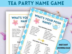 a tea party game with the words what's your posh name?