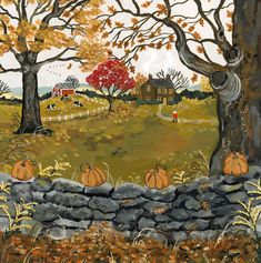 a painting of pumpkins on the ground in front of trees and a farm house