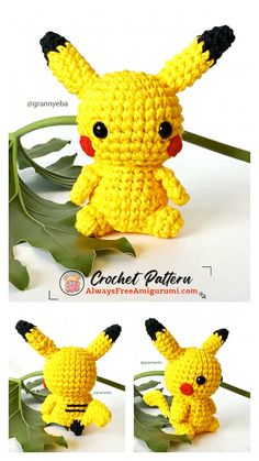 the crocheted pikachu is sitting next to some leaves and has two eyes