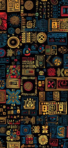 an abstract pattern with many different colors and designs on black background, all in various shapes and sizes