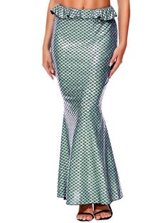 a woman wearing a green and white mermaid tail skirt