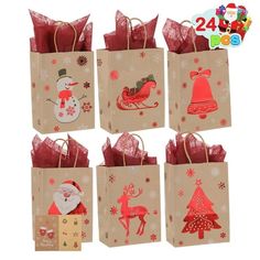 christmas gift bags with different designs on them