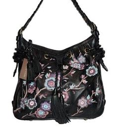 Luxury Black Shoulder Bag For Spring, Leather Bag With Floral Print For Spring, Leather Shoulder Bag With Floral Print For Travel, Leather Shoulder Bag With Floral Embroidery For Travel, Embroidered Black Satchel Shoulder Bag, Elegant Black Embroidered Shoulder Bag, Travel Floral Print Leather Shoulder Bag, Floral Embroidered Hobo Shoulder Bag, Elegant Leather Shoulder Bag With Floral Print