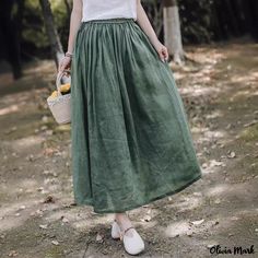 Olivia Mark - Linen Midi Skirt with Elastic Waistband - Casual and Vintage Aesthetic, Loose Fit, Solid Color Maxi Dress Linen Midi Skirt, Skirt With Elastic Waistband, Long Maxi Skirts, Floral Midi Skirt, Denim Midi Skirt, Maxi Dress Green, Daily Dress, Vintage Aesthetic, Types Of Skirts