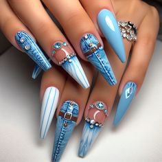 Denim Nails Ideas, Exotic Nail Designs, Extra Birthday Nails, Birthday Nails Ideas, Nails Latina, Bad And Boujee Nails, Boujee Nails, Wife Nails, Latina Nails