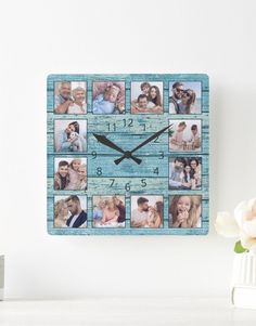 a blue square clock with pictures of people on it