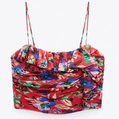 Never Worn With Tags Red With Blue And Green Designs Fits A Little Smaller Because It’s A Corset Cropped Pleated Crop Top, Leather Crop Top, Floral Print Crop Top, Black Crop Top Tank, Floral Corset, Denim Crop Top, Ruffle Crop Top, Corset Crop Top, Zara Crop Top