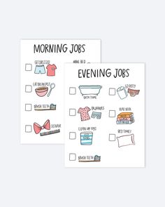 two printable worksheets with the words morning jobs and evening jobs on them