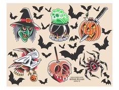 an assortment of halloween tattoos on a white background