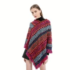 Bohemian Multicolor Winter Tops, Multicolor Knitted Acrylic Tops, Multicolor Poncho Shawl For Winter, Multicolor Knitted One-size Sweater, One Size Multicolor Knitted Sweater, Bohemian Multicolor Acrylic Sweater, Multicolor Shawl Poncho For Winter, Bohemian Multicolor Fall Sweater, Casual Multicolor Fall Poncho