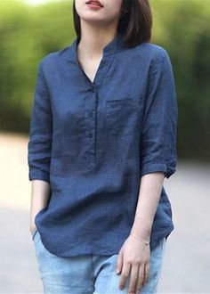 Collar Designs Women, Linen Tops Women Casual, Tops With Collar, Cotton Tops For Jeans, Linen Tops Women, Tunik Linen, Half Sleeve Women, Stand Collar Shirt