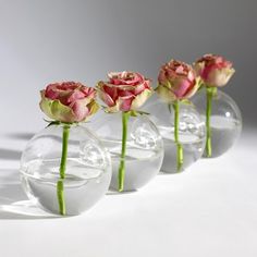 four vases with roses in them sitting on a table