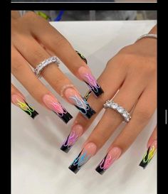 Nails And Rings, Rave Nails, Multicolored Nails, Black Acrylic Nails, Colorful Nail, Cute Acrylic Nail Designs, Glow Nails, Long Acrylic Nails Coffin, Acrylic Nails Coffin Pink