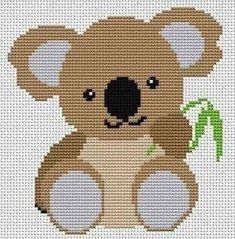 a cross stitch pattern with a koala bear holding a bamboo plant in its paws